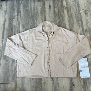 Hudson Jeans Cropped Long Sleeve Button Down Cardigan in Beige